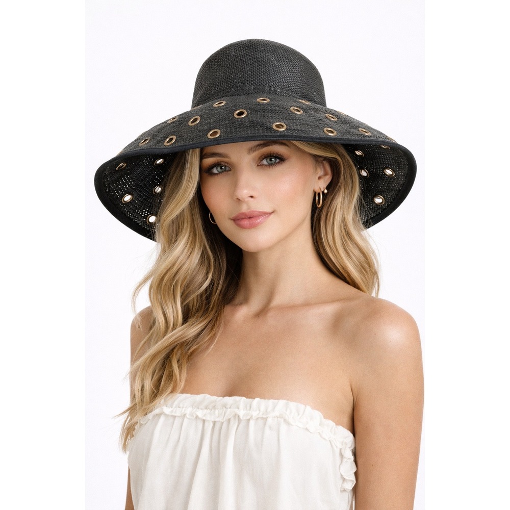 Kokin New York Black Straw Sun Hat Wide Brim Eyelet Vacation‎ Travel